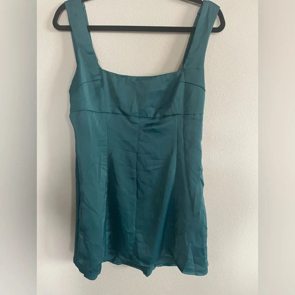 NWT Urban Outfitters Bri Double Bow Satin Mini Dress Teal Medium - Picture 3 of 9